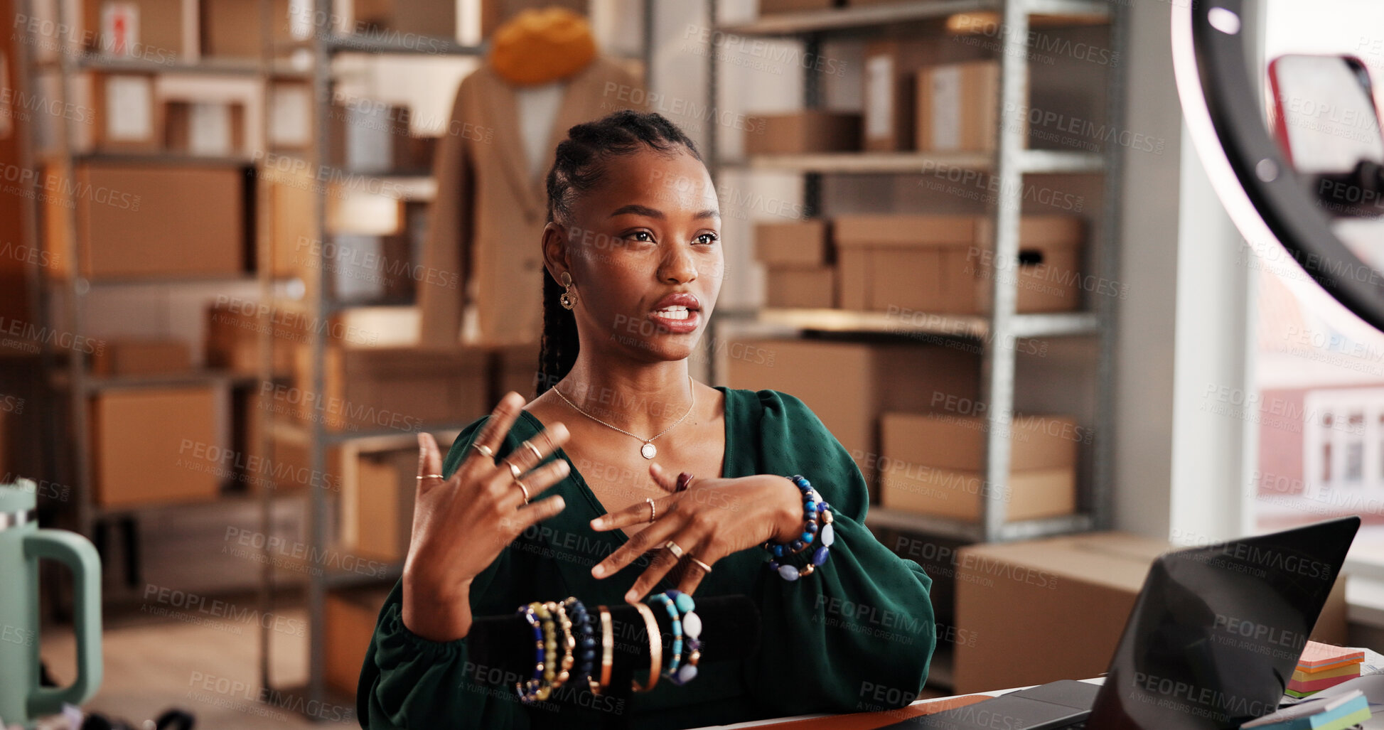 Buy stock photo Entrepreneur, vlog and woman with jewelry, small business and product promotion on social media app. Influencer marketing, web and black person with smartphone for video, ring light and ecommerce