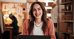 Woman, laptop and portrait for dropshipping, smile and project with fashion, pride or clothes at startup. Person, entrepreneur and designer with computer, happy and creativity with career at workshop