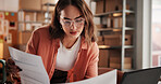 Ecommerce, documents and woman with laptop, order information and supply chain with email. Person, reading and entrepreneur with paperwork, inventory and checklist for delivery bills and invoice