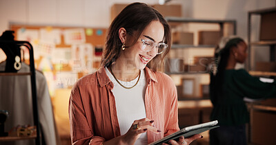 Buy stock photo Woman, tablet and review for dropshipping, fashion and notification with ecommerce order at startup. Person, entrepreneur and designer with tech, feedback or smile with app for creativity at workshop