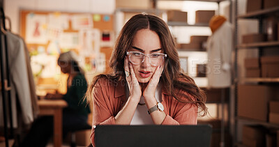 Buy stock photo Stress, laptop and ecommerce with woman in warehouse for online shopping, courier mistake and lost order. Small business, anxiety and late inventory with person and tech glitch in factory for crisis