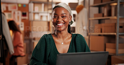 Buy stock photo Woman, designer and smile with laptop at workshop, portrait and ecommerce for online order at startup. Person, smartphone and computer with confidence, happy or fashion project for clothes at studio