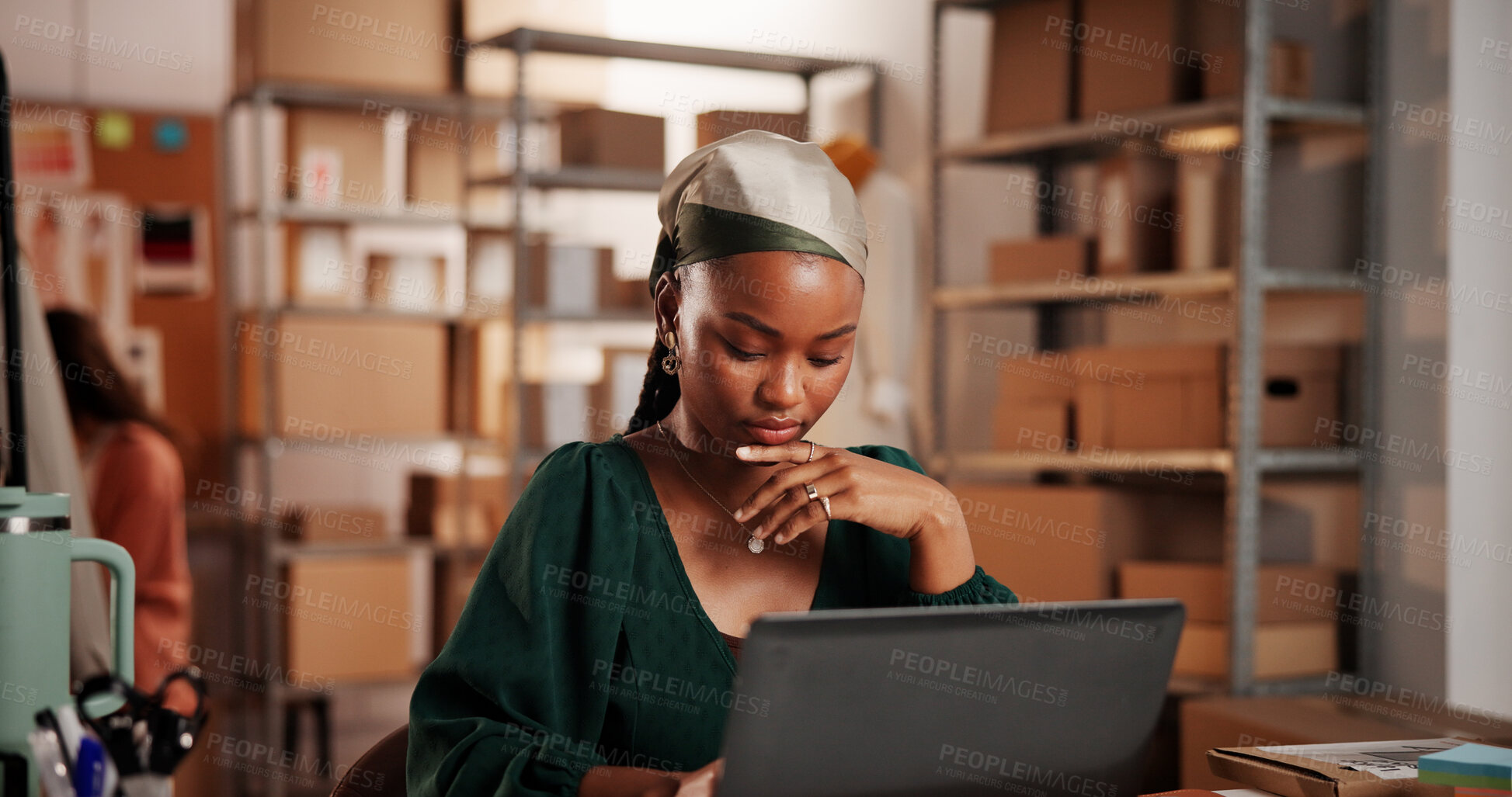 Buy stock photo Supply chain, startup and black woman on laptop for planning, inventory and online orders. Office, fashion business and person on computer for research, ecommerce and shipping info for logistics