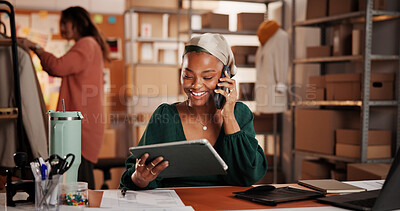 Buy stock photo Woman, designer and phone call with tablet at warehouse, clothes and dropshipping order at startup. Person, smartphone and tech for talk, application or happy with deal for fashion sale at studio