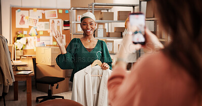 Buy stock photo Live streaming, startup and woman with fashion for dropshipping, retail supplier and online review. Wave, designer and people recording for product promotion, social media and ecommerce business