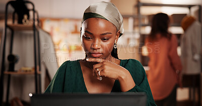 Buy stock photo Supply chain, startup and woman on laptop for planning, inventory and delivery checklist. Office, fashion business and person on computer for research, ecommerce and shipping for customer order