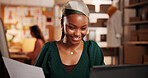 Ecommerce, documents and woman with laptop, small business and inventory with email. Person, pc and entrepreneur with paperwork, shipping schedule and checklist for online order or delivery bills