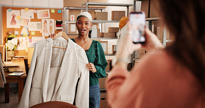 Buy stock photo Recording, startup and woman with fashion for supply chain, retail supplier and online review. Business, clothes designer and people live streaming for brand promotion, social media and ecommerce