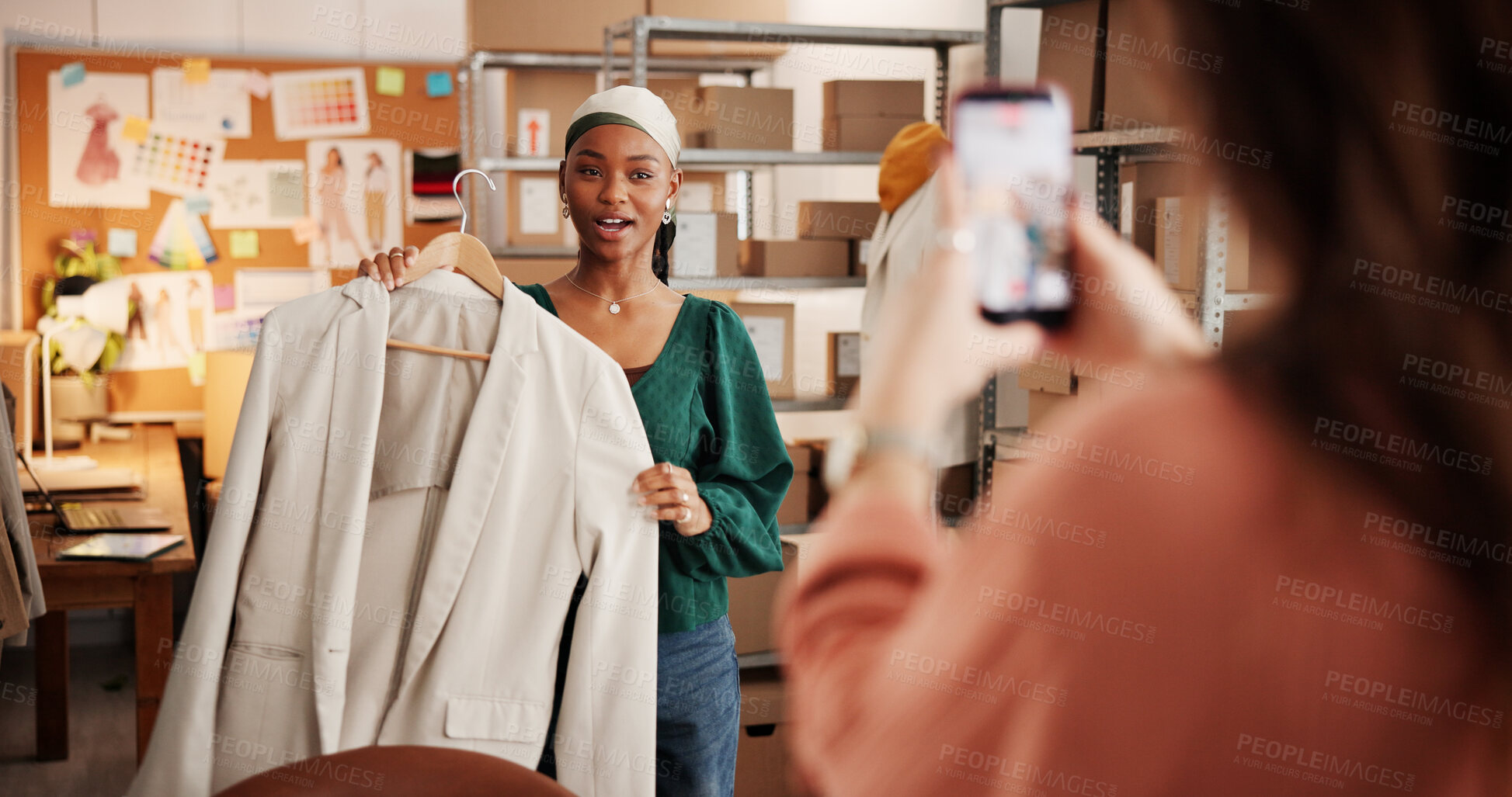 Buy stock photo Recording, startup and woman with fashion for supply chain, retail supplier and online review. Business, clothes designer and people live streaming for brand promotion, social media and ecommerce