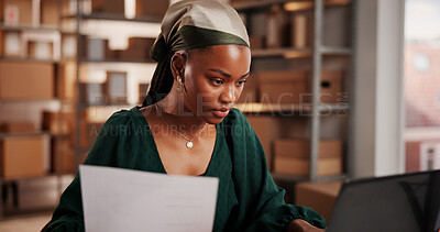 Buy stock photo Supply chain, paperwork or black woman with laptop, small business or ecommerce with inventory. African person, pc or entrepreneur with delivery bills, checklist for online order or shipping schedule