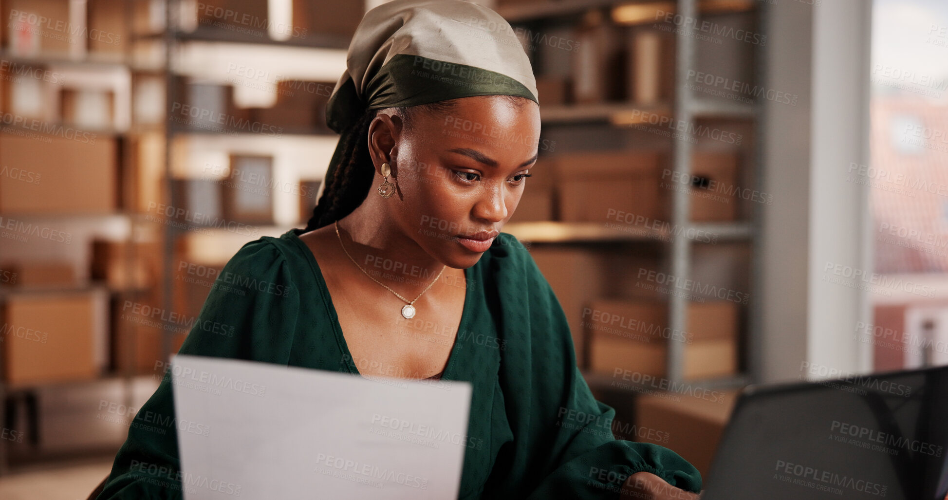 Buy stock photo Supply chain, paperwork or black woman with laptop, small business or ecommerce with inventory. African person, pc or entrepreneur with delivery bills, checklist for online order or shipping schedule