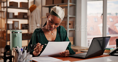 Buy stock photo Logistics, documents and black woman with laptop, small business or delivery bills. African person, shipping schedule or employee with paperwork, inventory and checklist for online order or ecommerce