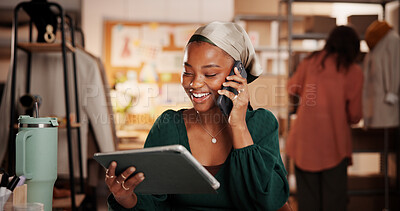 Buy stock photo Woman, designer and phone call with tablet at workshop, fashion or dropshipping order at startup. Person, smartphone and tech for talk, application and happy with feedback with clothes sale at studio