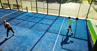 Buy stock photo People, padel and team training with racket, above and practice for competition at tennis court. Athlete, partner and game strategy with double challenge, workout and sports at fitness club in summer