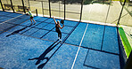 Padel, athletes and people at court, match and training for sport tournament, above and performance. Outdoor, fitness and tennis players with rackets for challenge, competition and practice together