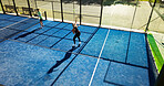 Woman, padel and team with serve, racket and above with training for competition at tennis court. Man, partner and game strategy with double challenge, workout and fitness at sports club in summer