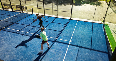 Buy stock photo Above, padel and people with fitness, game and hobby with tournament, training and wellness. Tennis court, players and friends with practice, match and contest with competition, exercise or technique
