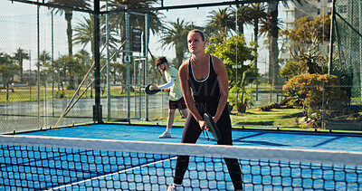 Buy stock photo Sports, padel and people on court for exercise, training and practice for competition outdoor. Tennis, athlete team and man and woman with racket for playing game, match and tournament for challenge