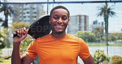 Buy stock photo Black man, smile and portrait at tennis court for padel, fitness and outdoor training at urban park. Person, happy and pride with confidence, racket and excited for exercise at sports club in Kenya