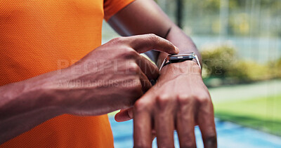 Buy stock photo Hands, smart watch and click at tennis court for exercise, contact and timer for game at urban park. Person, stopwatch and iot clock with application, gear or outdoor for fitness at sports club