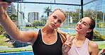 Girl, friends and selfie with peace sign at tennis court, funny face or smile for padel game, post or memory. People, women and pout with photography, emoji and fitness on social media at sports club