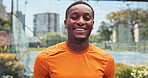 Black man, happy and portrait at tennis court for fitness, outdoor and training at urban park. Person, smile and athlete with pride, confidence and excited for exercise at sports club in Nigeria
