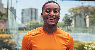 Buy stock photo Black man, happy and portrait at tennis court for fitness, outdoor and training at urban park. Person, smile and athlete with pride, confidence and excited for exercise at sports club in Nigeria