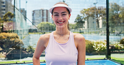 Buy stock photo Portrait, happy and woman by court for tennis competition practice, fitness and sports training start. Active, person outdoor and smile with exercise confidence, wellness or ready for cardio workout.