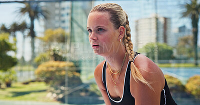 Buy stock photo Tennis court, serious and woman with concentration for match, outdoor activity and sports workout. Padel game, fitness and athlete with attention for tournament training, exercise and ready to play