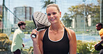 Portrait, fitness and woman by court for padel competition practice, sports and training start. Active, female person outdoor and smile with wellness, exercise equipment or racket for tennis workout.