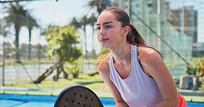 Buy stock photo Sports, padel and woman on court ready for exercise, training and practice for competition. Tennis, athlete and person with racket for playing game, match and tournament for challenge outdoor