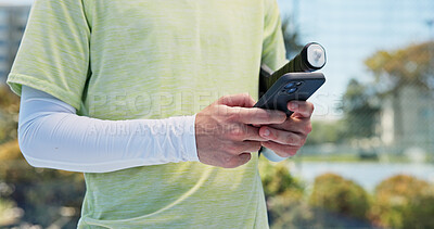 Buy stock photo Hands, phone and scroll at tennis court for training, contact and racket for padel game at urban park. Person, smartphone and texting with mobile app, gear and outdoor for fitness at sports club