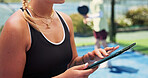 Hands, tablet and scroll at tennis court for exercise, game planning pr notes for padel match at urban park. Person, tech and coach with application, checklist and sign up for fitness at sports club
