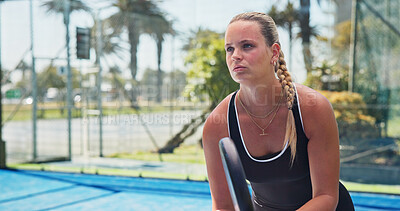 Buy stock photo Sports, padel and woman on court outdoor for exercise, training and practice for competition. Tennis, athlete and person with racket ready for playing game, match and tournament for challenge