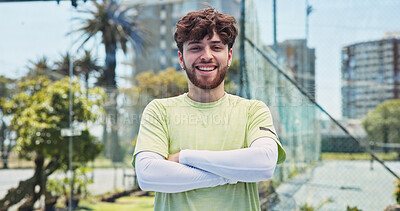 Buy stock photo Man, smile and portrait at tennis court with arms crossed, fitness or outdoor training at urban park. Person, happy and athlete with pride, confidence or excited for exercise at sports club in Spain