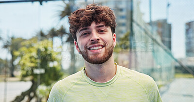 Buy stock photo Man, smile and portrait at tennis court with fitness, training and outdoor with pride at urban park. Person, happy and athlete with confidence, excited and exercise at sports club in New Zealand