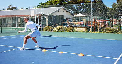 Buy stock photo Tennis court, fitness or woman with racket for training, agile practice or sports drill for workout. Coordination exercise, speed development or athlete with footwork performance, outdoor or cardio