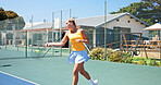 Effort, fitness and hobby with woman on tennis court for game, match or practice session. Competition, exercise or training with sports person outdoor for active challenge, health or performance