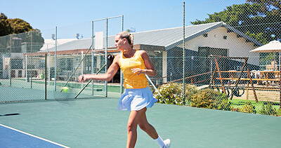Buy stock photo Effort, fitness and hobby with woman on tennis court for game, match or practice session. Competition, exercise or training with sports person outdoor for active challenge, health or performance