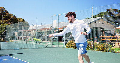 Buy stock photo Effort, fitness and hobby with man on tennis court for game, match practice or training session. Competition, exercise or sports with athlete person outdoor for challenge, health or performance