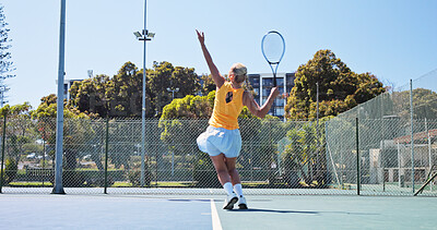 Buy stock photo Fitness, serve and tennis with woman on court for start of game, match or practice session. Competition, exercise or training with athlete person outdoor for challenge, performance or sports