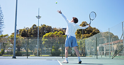 Buy stock photo Fitness, serve and tennis with man on court for start of game, match or practice session. Competition, exercise or technique with athlete person outdoor for health, performance or sports hobby