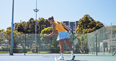 Buy stock photo Exercise, hobby and tennis with woman on court for start of game, match or practice session. Competition, fitness or training with athlete person outdoor for challenge, performance or sports