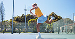 Fitness, sports and training with woman on tennis court for game, match or practice session. Competition, exercise or hobby with athlete person outdoor for active challenge, health or performance