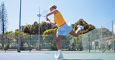 Buy stock photo Fitness, sports and training with woman on tennis court for game, match or practice session. Competition, exercise or hobby with athlete person outdoor for active challenge, health or performance