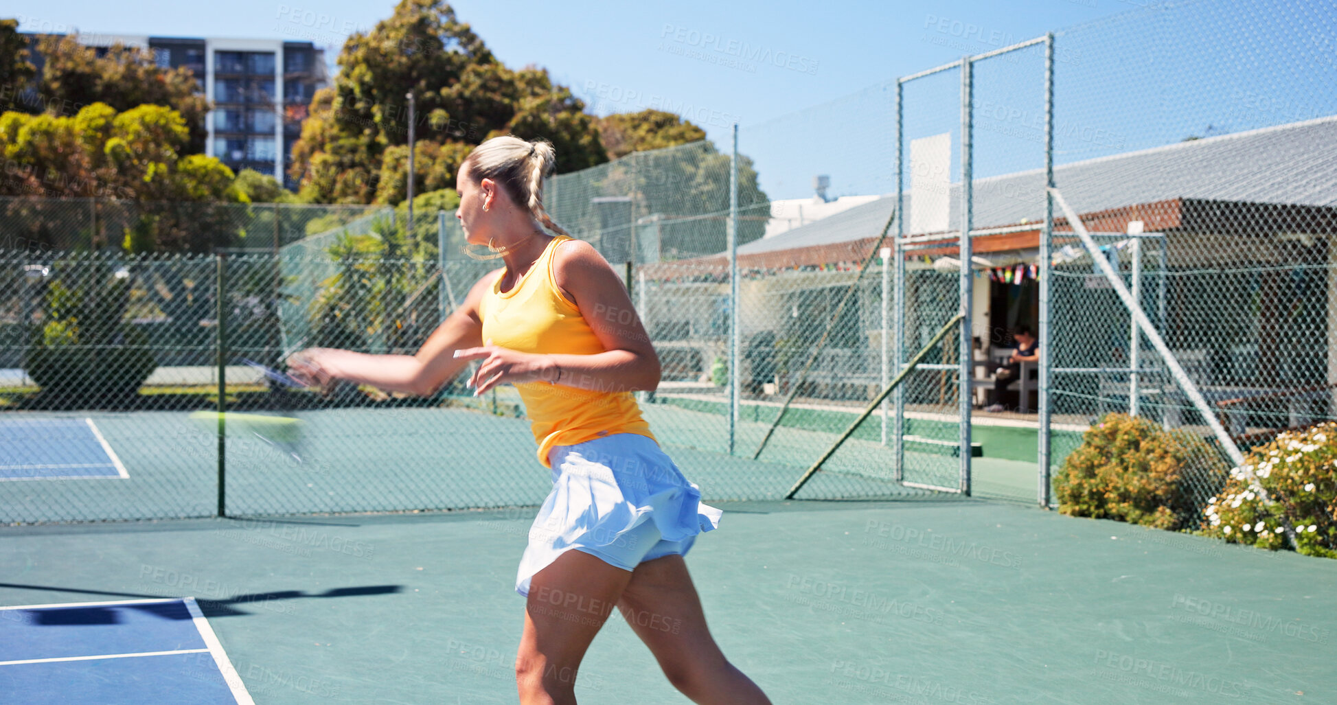 Buy stock photo Exercise, sports and tennis with woman on court for game, match practice or training session. Competition, fitness or hobby with athlete person outdoor for active challenge, health or performance