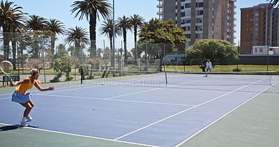 Buy stock photo Fitness, tennis and training with people on court together for game, match or practice session. Competition, exercise or hobby with athlete and opponent outdoor for challenge, performance or sports