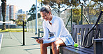 Smile, woman and relax with phone on tennis court for fitness, training app and match progress. Happy, female person and mobile on bench for sports break, video demonstration and online tips for game