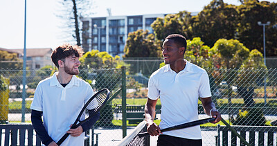 Buy stock photo Fitness, friends and discussion outdoor with tennis racket for wellness, match or competition practice. Active, people or athletes talk on court with equipment for game plan, sports contest or start.