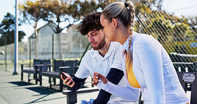 Buy stock photo Conversation, phone and sports tracking with people outdoor for fitness or skills development. App, exercise and  health tracker with friends speaking on tennis court for mobile progress update